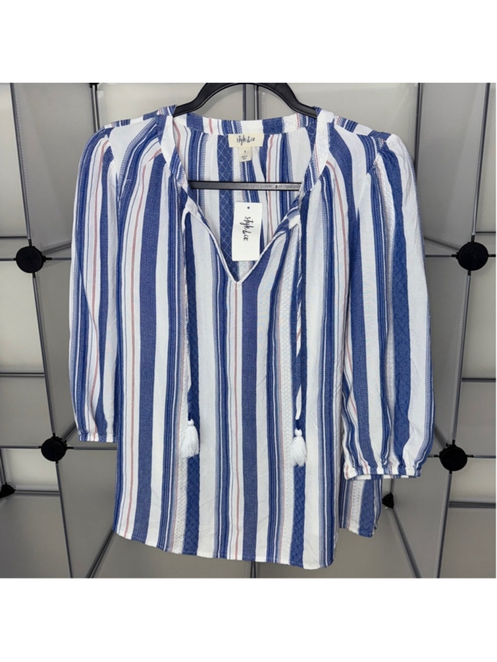 Style & Co Women's Split Neck Woven Blouse With Tassle Ties Size S New